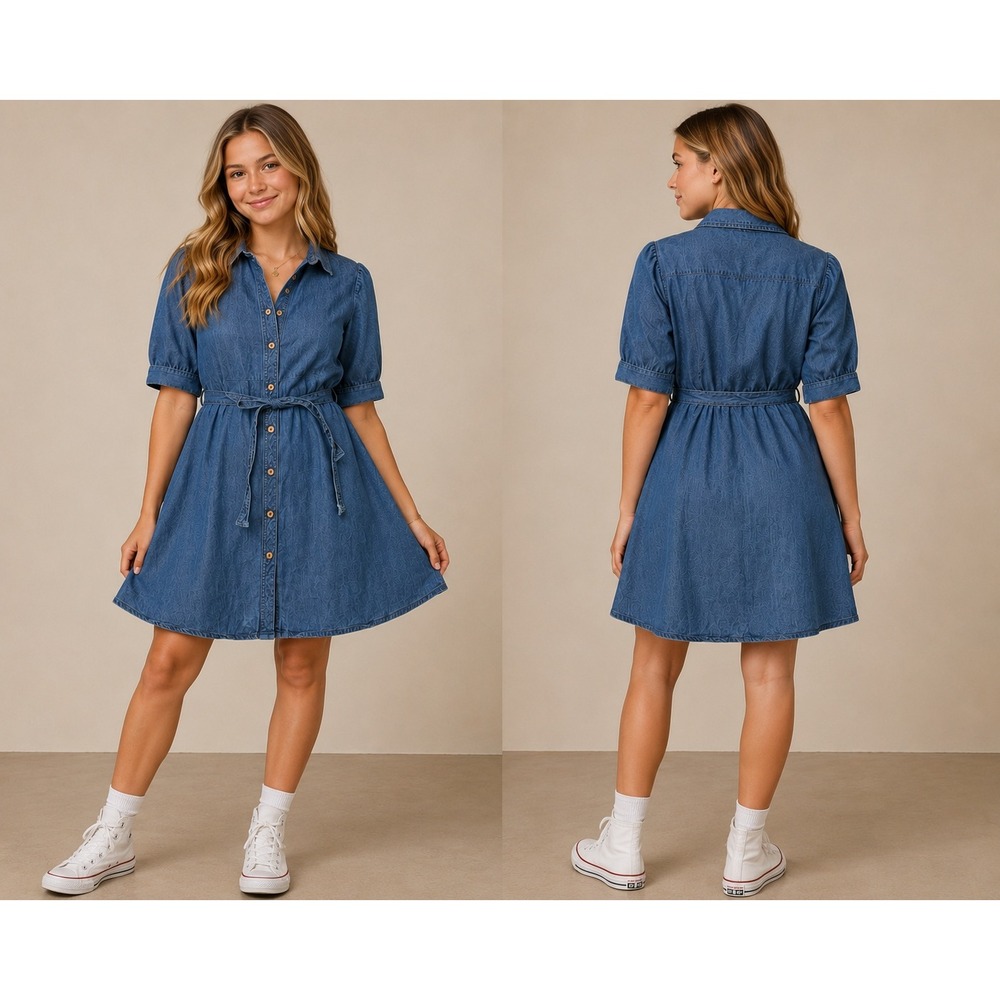 Wonder Nation Girls Blue Denim Shirt Dress Button Front Belted Size Large 10-12